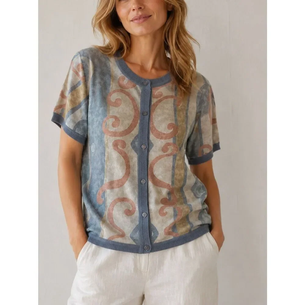 Vintage Pastel Colors Printed Short Sleeve Button Front Cardigan Size M